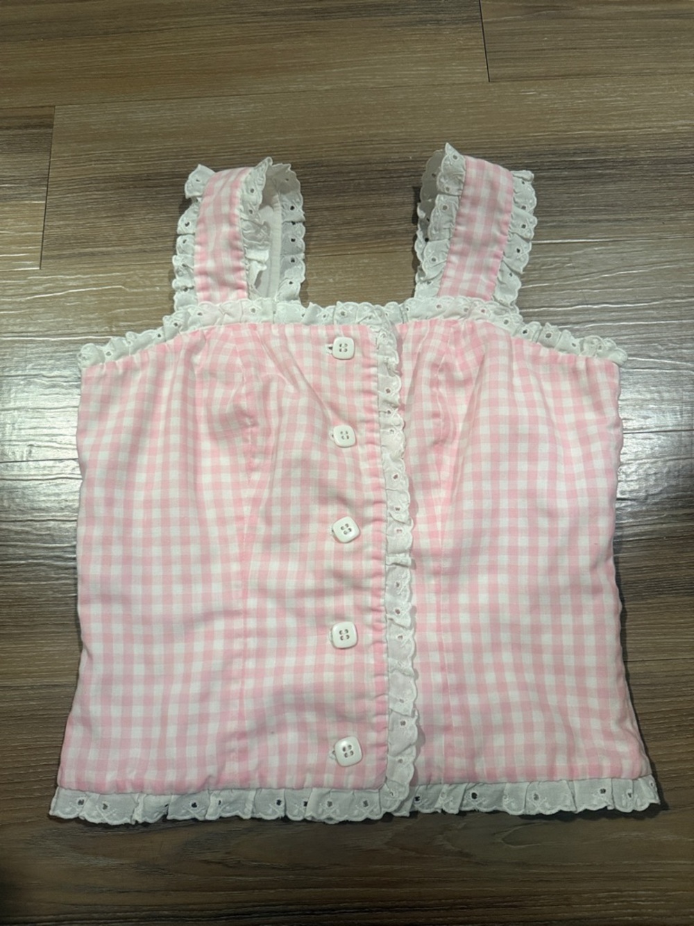 Handmade Vintage Cottagecore Pink Gingham Lace-Trim Button Front Crop Top Plaid